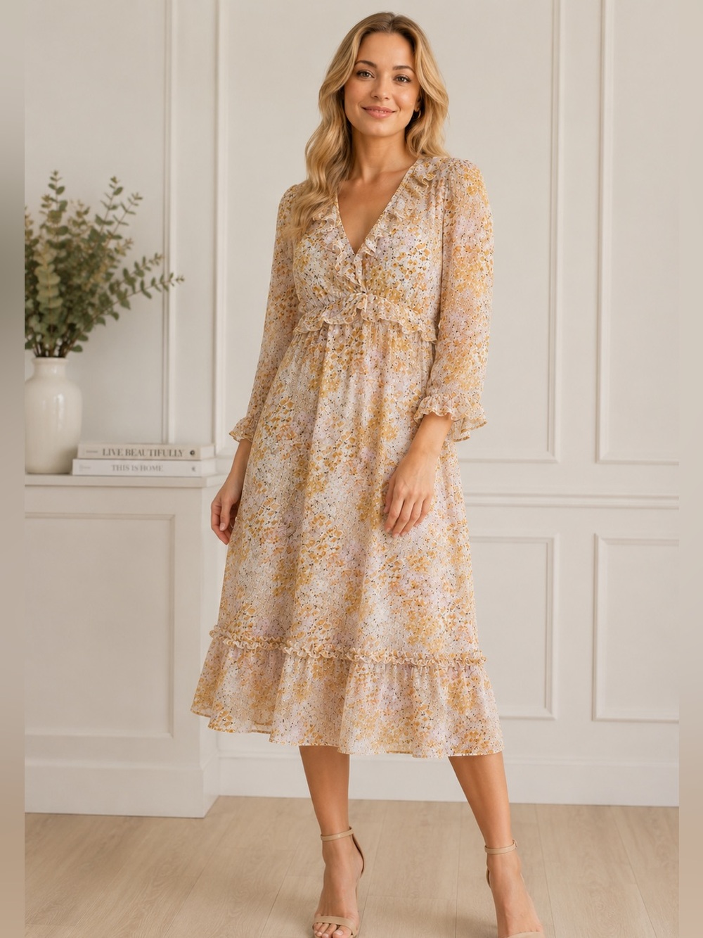 june & hudson Soft Yellow Floral V-Neck Ruffle Midi Dress